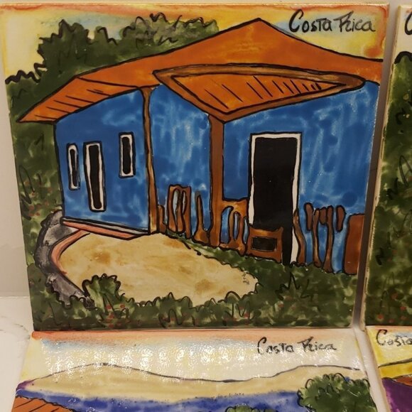 SET of 6 Ceramic Tiles Hand Painted Village Homes Houses  Costa Rica 6" x 6 - Picture 3 of 9